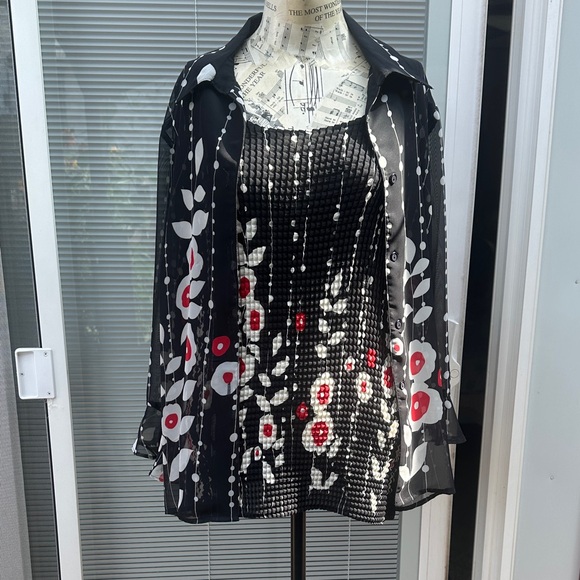 Notations Black and Red Floral Sheer Top - Picture 1 of 5